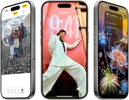 3 modèles d’iPhone 17 Pro, face avant, côte à côte, démontrant iOS 26, l’effet Liquid Glass et Apple Intelligence