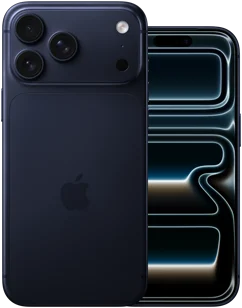 Côte à côte, iPhone 17 Pro Max, face arrière, système caméra Pro, 3 objectifs, micro, flash, finition bleu intense, iPhone 17 Pro, face avant design tout écran, finition bleu intense