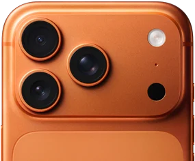 iPhone 17 Pro, orange cosmique, vue partielle de la face arrière, système caméra pro dans le coin supérieur gauche, 3 objectifs, micro, flash