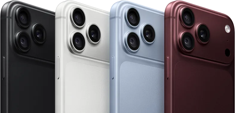 Plusieurs iPhone 18 Pro alignés, face arrière, dans les quatre finitions : bordeaux, glacier, argent, noir, système caméra Pro Fusion dans le coin supérieur gauche, 3 objectifs, micro, flash