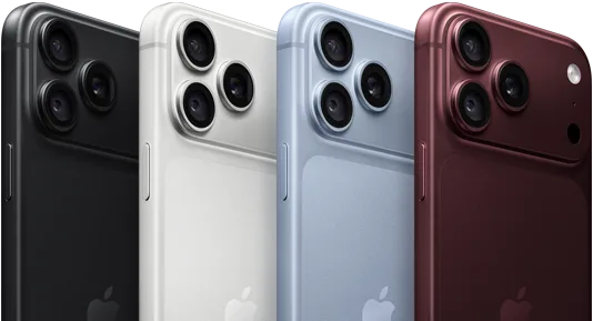 Plusieurs iPhone 18 Pro alignés, face arrière, dans les quatre finitions : bordeaux, glacier, argent, noir, système caméra Pro Fusion dans le coin supérieur gauche, 3 objectifs, micro, flash