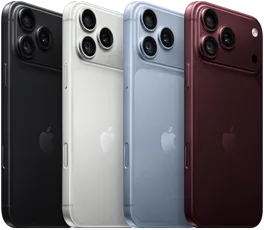 Plusieurs iPhone 18 Pro alignés, face arrière, dans les quatre finitions : bordeaux, glacier, argent, noir, système caméra Pro Fusion dans le coin supérieur gauche, 3 objectifs, micro, flash