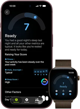 iPhone 18 Pro, noir, face avant, affichant le résultat du statut Préparation (score de 7), jumelé à une Apple Watch, de face, marron, affichant le même score Préparation de 7