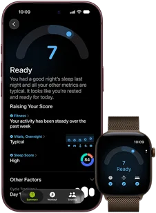 iPhone 18 Pro, noir, face avant, affichant le résultat du statut Préparation (score de 7), jumelé à une Apple Watch, de face, marron, affichant le même score Préparation de 7