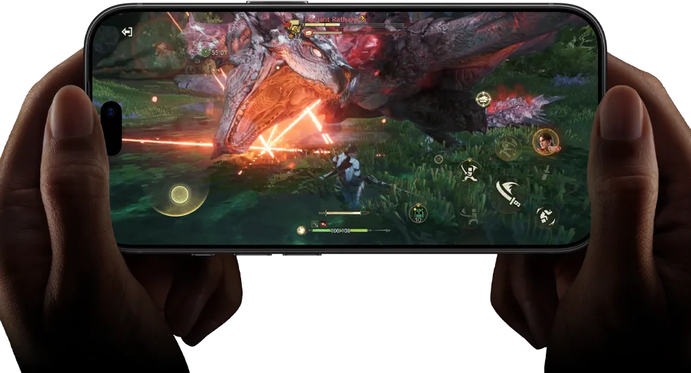iPhone 18 Pro, face avant, montrant les performances de la puce A20 Pro avec une scène de Monster Hunter Outlanders