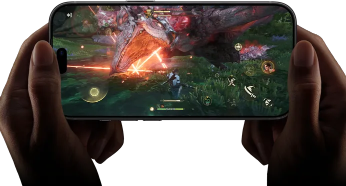 iPhone 18 Pro, face avant, montrant les performances de la puce A20 Pro avec une scène de Monster Hunter Outlanders